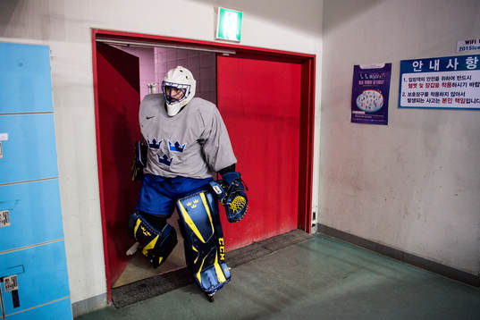 Jhonas Enroth goalkeeper of Sweden make his entrance