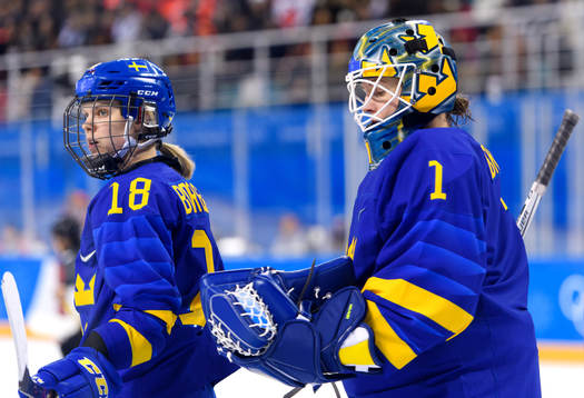 Anna Borgqvist and Goaltender Sara Grahn of Sweden in the