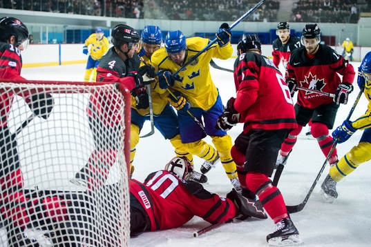 Anton Lander and Linus Omark of Sweden against Goaltender