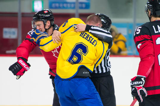 Patrik Hersley of Sweden in a fight with Rob Klinkhammer of