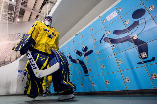 Goaltender Jhonas Enroth of Sweden arrives the warm up