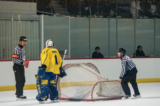 Goaltender Jhonas Enroth of Sweden talks with the referee