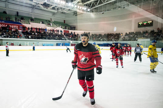 Wojtek Wolski of Canada celebrates his 1-4 goal