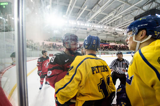 Wojtek Wolski of Canada and Fredrik Pettersson of Sweden