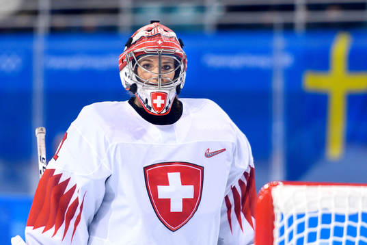 Goaltender Florence Schelling of Switzerland in the Women's