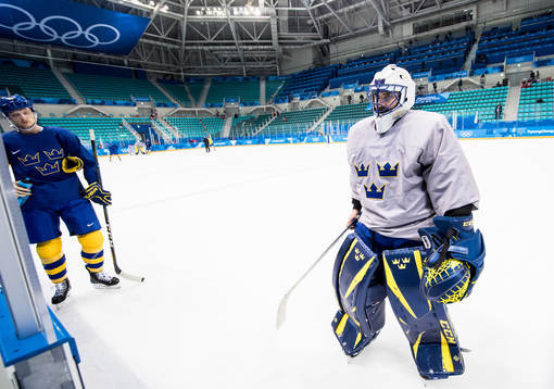 Goaltender Jhonas Enroth of Sweden leaves the ice