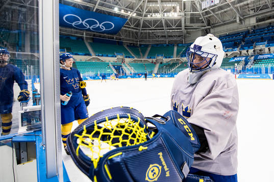 Goaltender Jhonas Enroth of Sweden leaves the ice