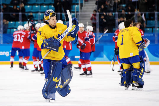 Goaltender Viktor Fasth of Sweden recognizes the audience