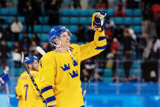 Staffan Kronwall of Sweden celebrates and recognizes the