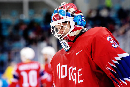 Goaltender Lars Haugen of Norway in the Men's Ice Hockey
