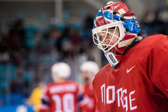 Goaltender Lars Haugen of Norway in the Men's Ice Hockey