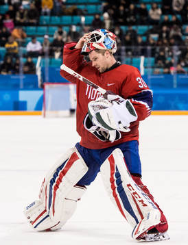 Goaltender Lars Haugen of Norway in the Men's Ice Hockey