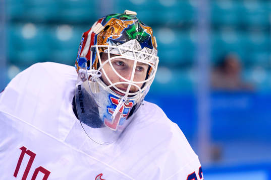 Goaltender Henrik Haukeland of Norway in the ice hockey