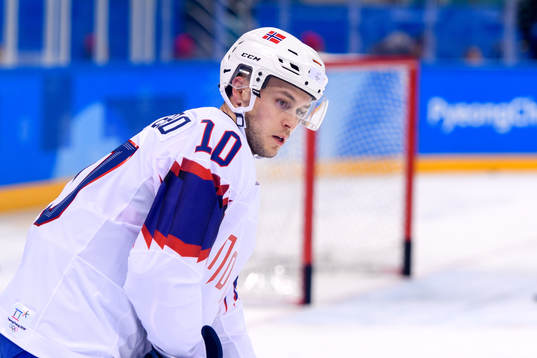 Mattias Nørstebø of Norway in the ice hockey game between