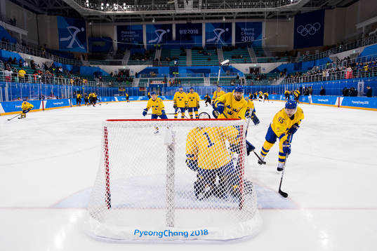 Oscar Möller and Goaltender Jhonas Enroth of Sweden