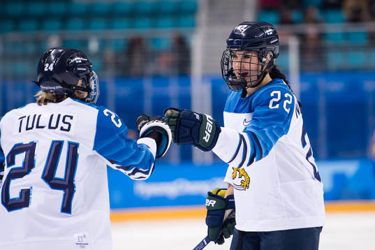 Noora Tulus and Emma Nuutinen of Finland celebrating the