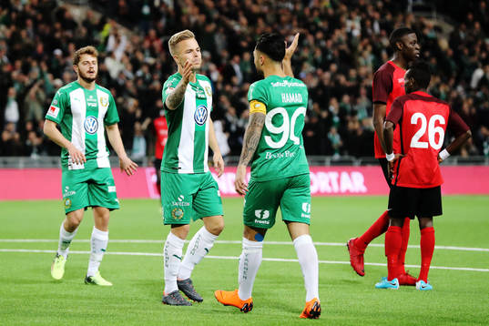 Hammarbys Rebin Asaad och Sander Svendsen jublar med Jiloan