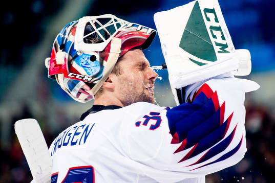 Goaltender Lars Haugen of Norway in the Men's Ice Hockey