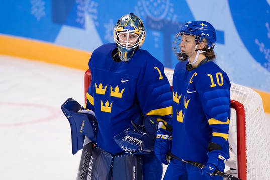 Goaltender Sara Grahn and Emilia Ramboldt of Sweden  in the
