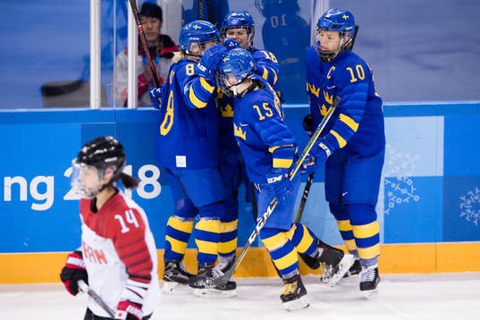 Team Sweden celebrating the 1-1 goal by Lisa Johansson in