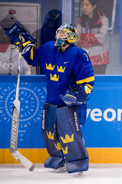 Goaltender Sara Grahn of Sweden looks dejected in the