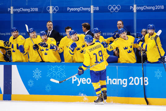 Patrik Zackrisson of Sweden celebrates with team mates
