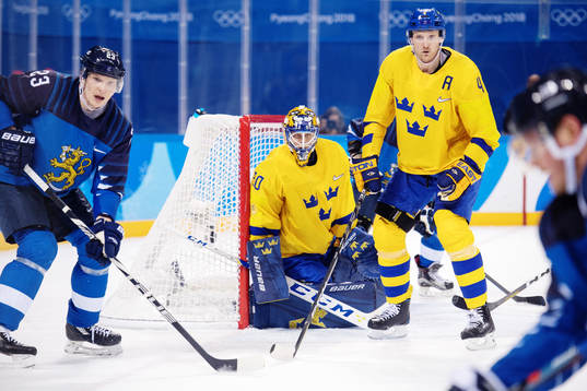 Goaltender Viktor Fasth of Sweden and Staffan Kronwall of
