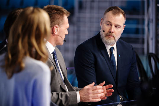 Rikard Grönborg, Head Coach of Sweden being interviewed in