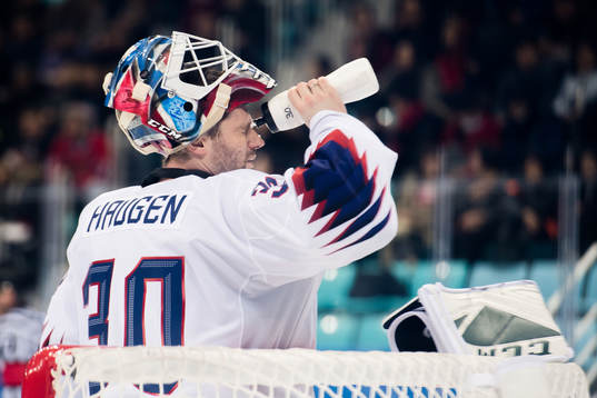 Goaltender Lars Haugen of Norway in the Men's Ice Hockey