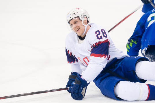 Niklas Roest of Norway in the Men's Ice Hockey Playoff