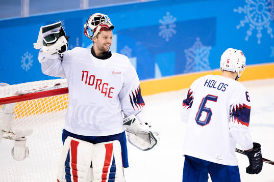 Goaltender Lars Haugen and Jonas Holøs of Norway in the