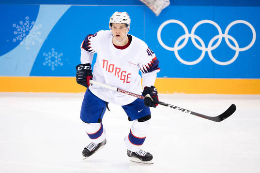 Henrik Ødegaard of Norway in the Men's Ice Hockey Playoff