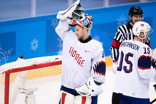 Goaltender Lars Haugen of Norway in the Men's Ice Hockey