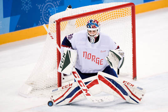 Goaltender Lars Haugen of Norway in the Men's Ice Hockey