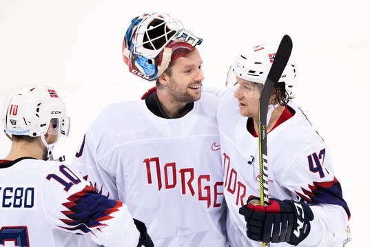 Goaltender Lars Haugen and Aleksander Bonsaksen of Norway