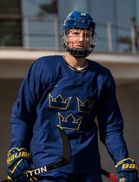 Rasmus Dahlin of Sweden arrives prior a training session