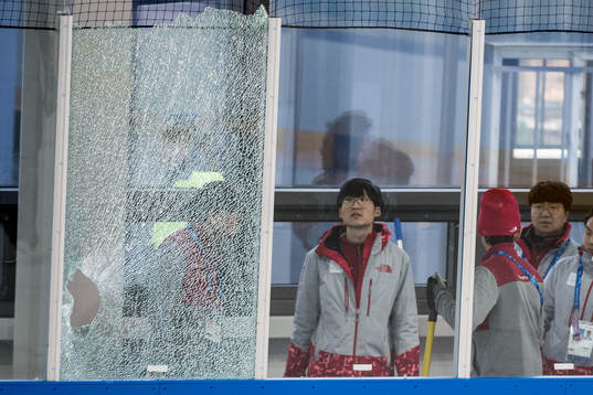 Fredrik Pettersson of Sweden (not pictured) breaks the glas