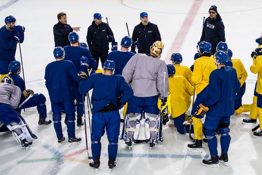 Rikard Grönborg, Head Coach of Sweden talks to the players