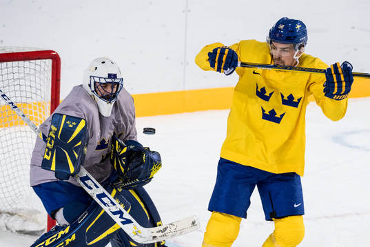 Goaltender Jhonas Enroth of Sweden and Anton Lander of
