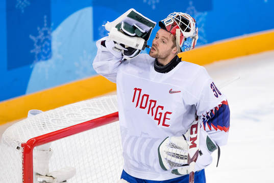 Goaltender Lars Haugen of Norway in the Men's Ice Hockey