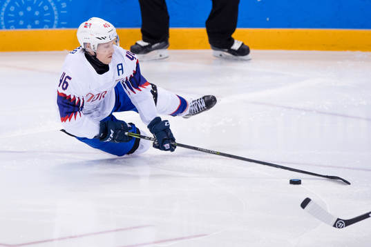 Mathis Olimb of Norwa in the Men's Ice Hockey Quarterfinal