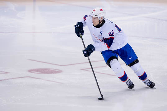 Mathis Olimb of Norwa in the Men's Ice Hockey Quarterfinal