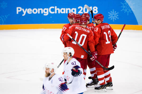 Team Russia (OAR) celebrates the 5-1 goal  in the Men's Ice
