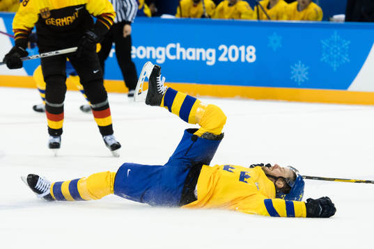Linus Omark of Sweden in the Men's Ice Hockey Quarterfinals