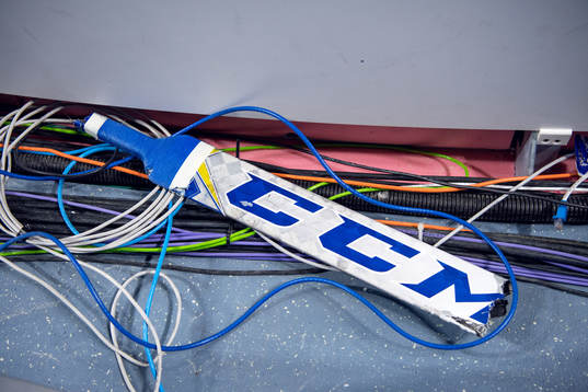 Goaltender Viktor Fasth of Sweden broke his stick in