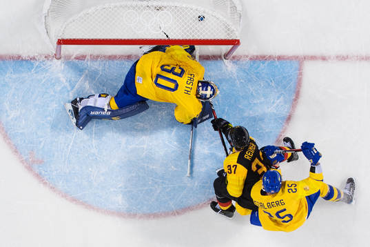 Goaltender Viktor Fasth and Viktor Stålberg of Sweden
