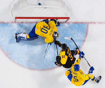 Goaltender Viktor Fasth and Viktor Stålberg of Sweden