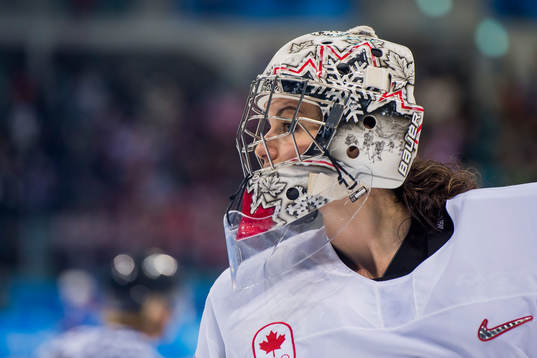 Goaltender Shannon Szabados of Canada looks dejected