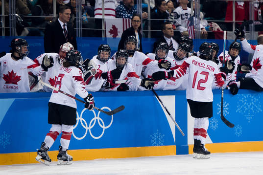Laura Fortino and Meaghan Mikkelson of Canada celebrating