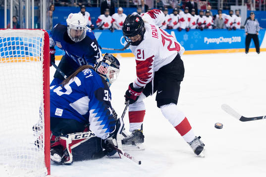 Haley Irwin of Canada against Megan Keller and Goalkeeper